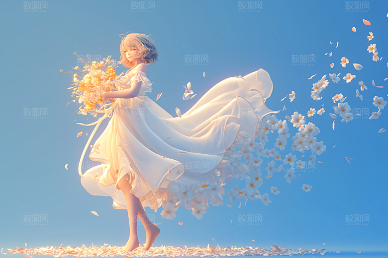 手捧鲜花的少女3D清新素材