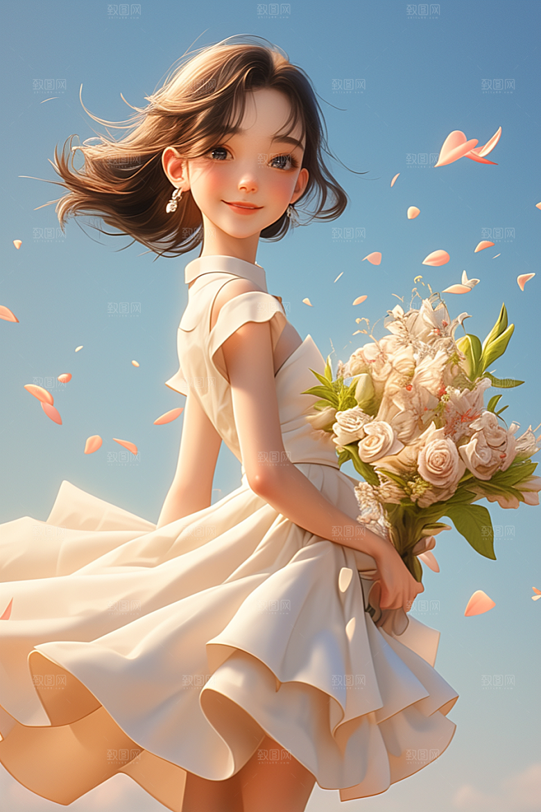 手捧鲜花的少女青春模型素材