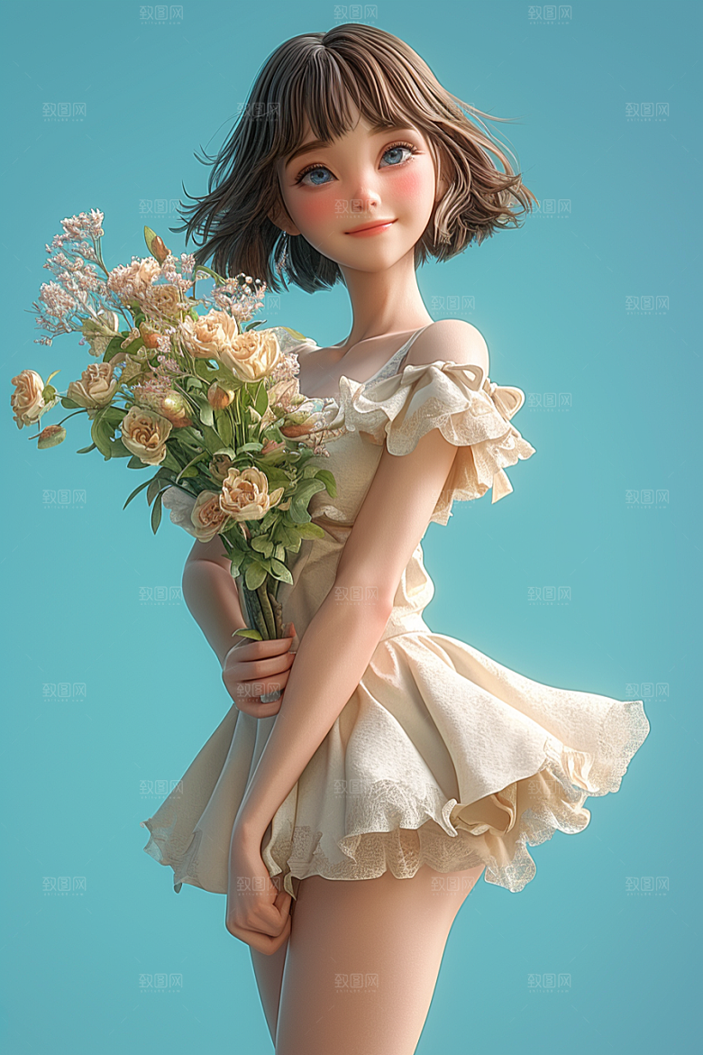手捧鲜花的少女烂漫立体素材