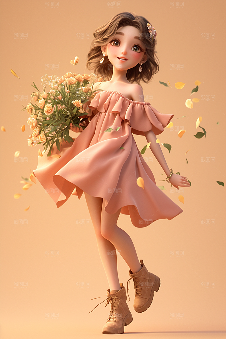 手捧鲜花的少女花朵立体素材