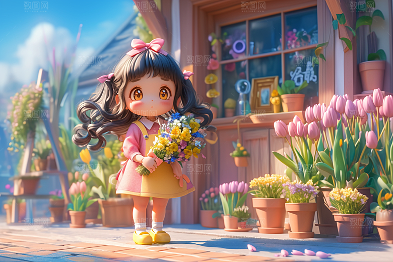 手捧鲜花的少女梦幻花朵素材