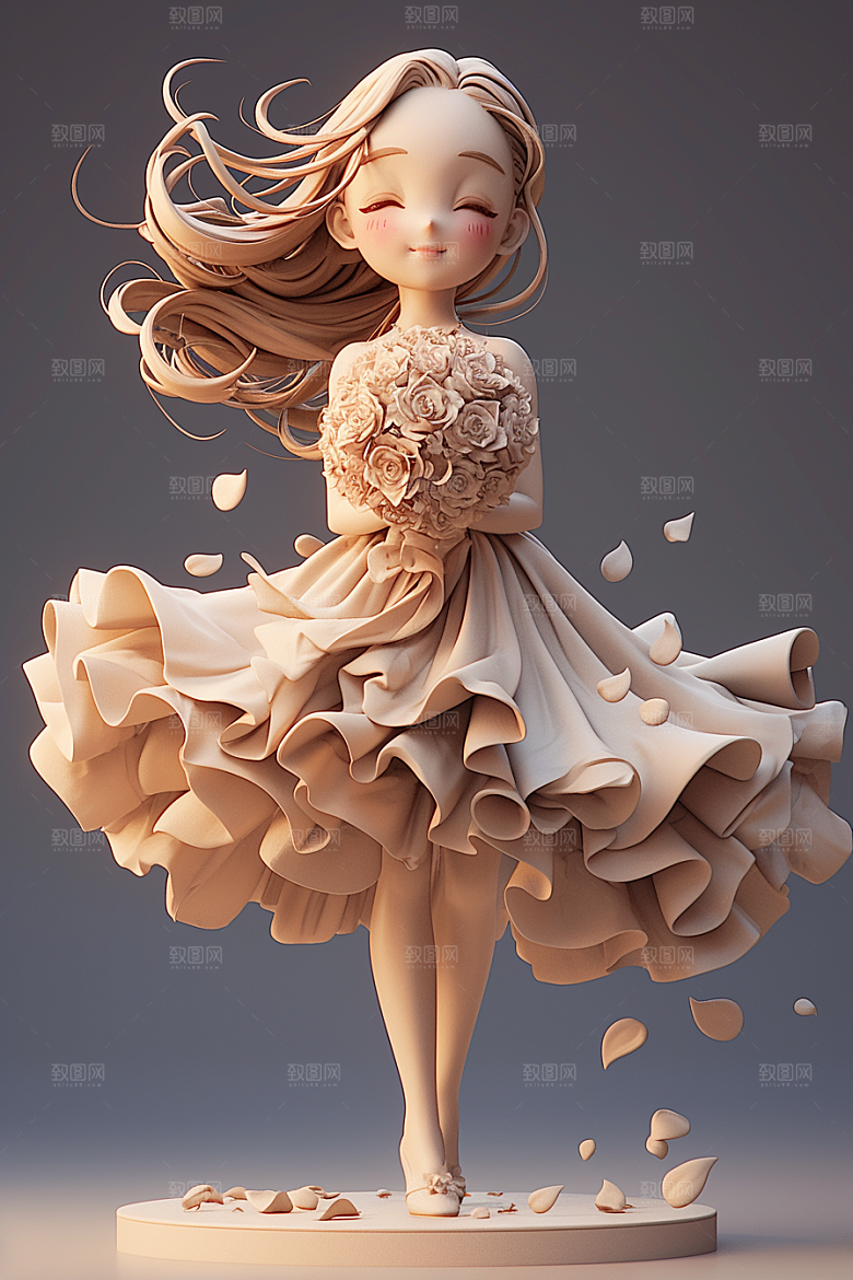手捧鲜花的少女烂漫3D素材