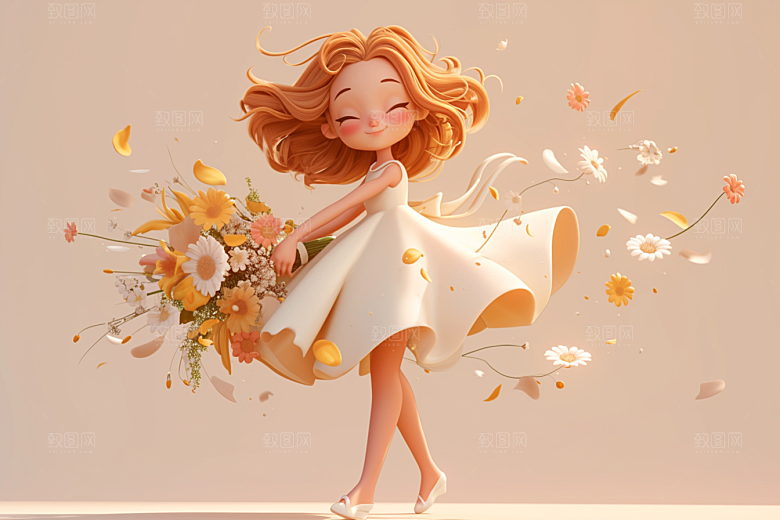 手捧鲜花的少女立体3D素材