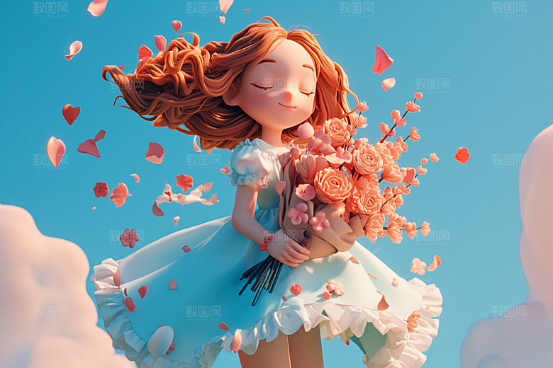 手捧鲜花的少女唯美3D素材