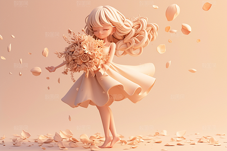 手捧鲜花的少女花朵模型素材