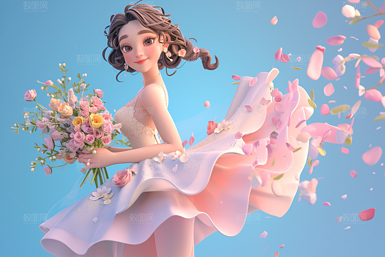 手捧鲜花的少女肖像清新素材