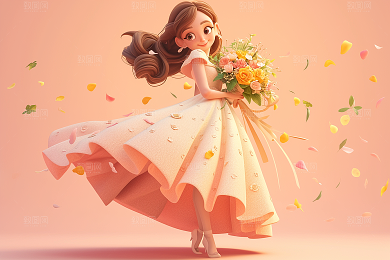 手捧鲜花的少女3D烂漫素材