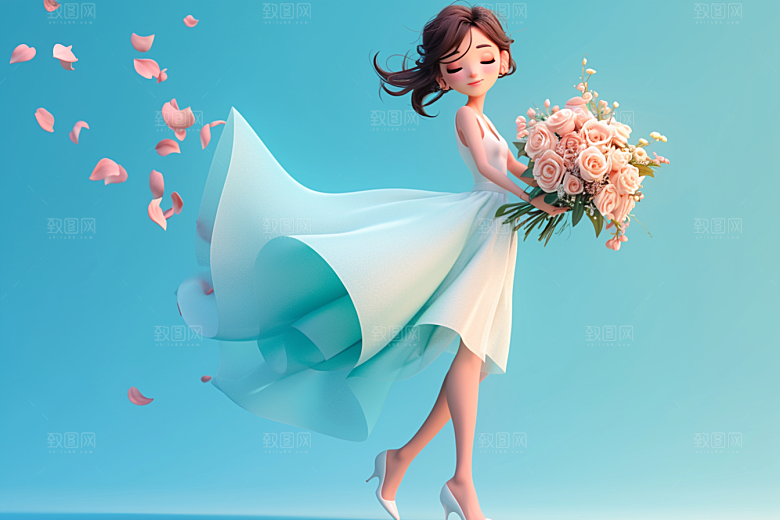 手捧鲜花的少女肖像青春素材