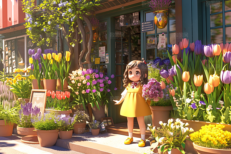 手捧鲜花的少女花朵3D素材