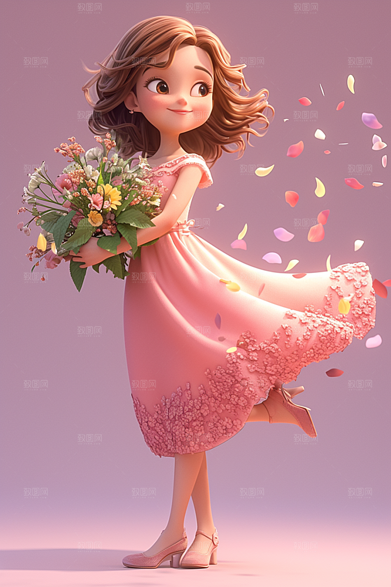 手捧鲜花的少女唯美梦幻素材
