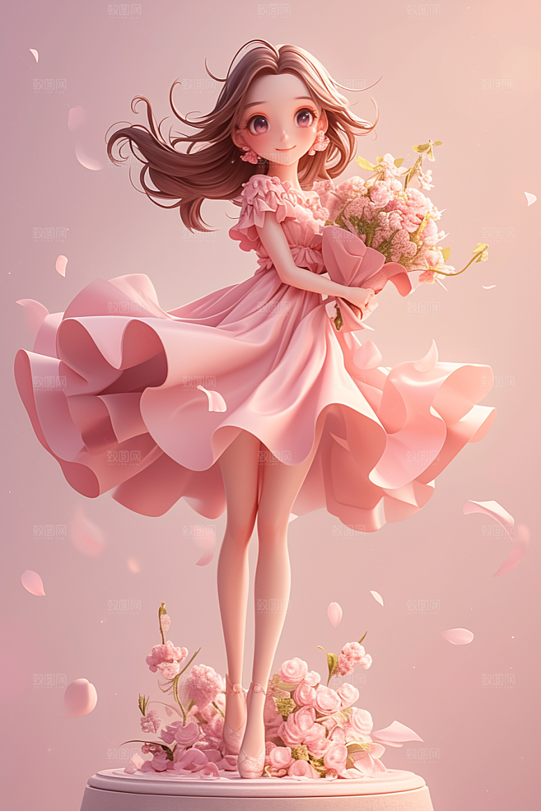 手捧鲜花的少女春天模型素材