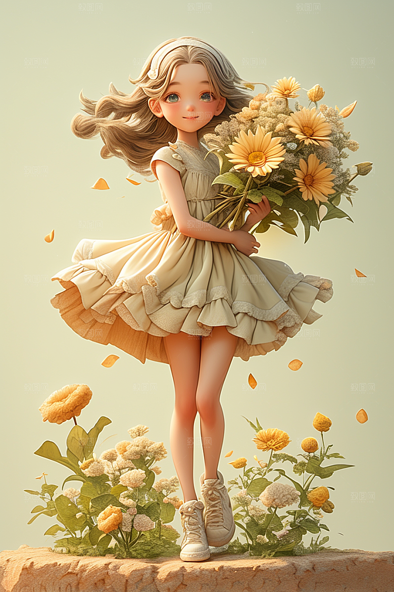 手捧鲜花的少女模型自然素材