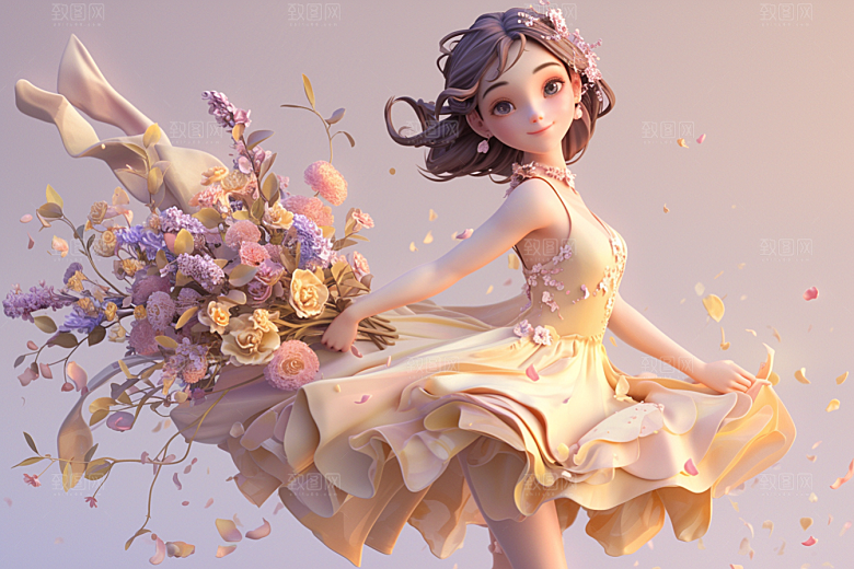 手捧鲜花的少女模型烂漫素材