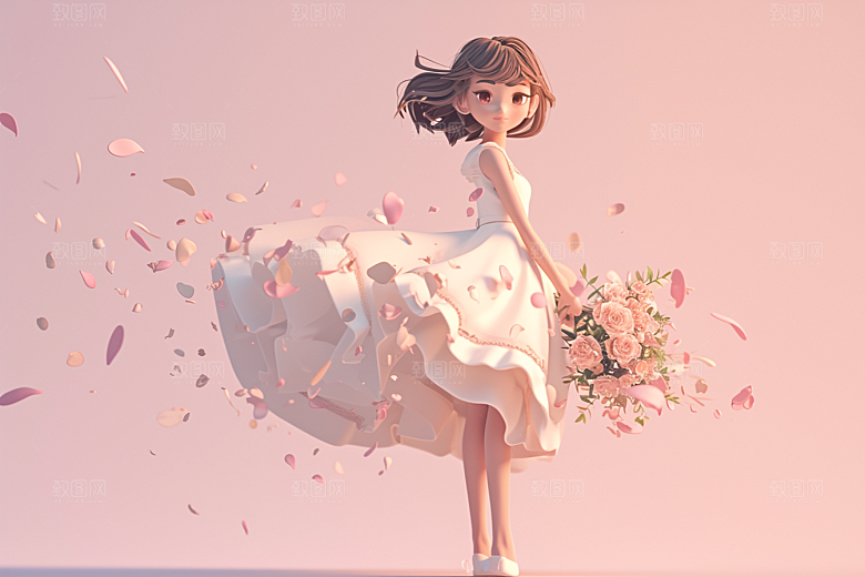 手捧鲜花的少女梦幻飞舞的裙摆素材