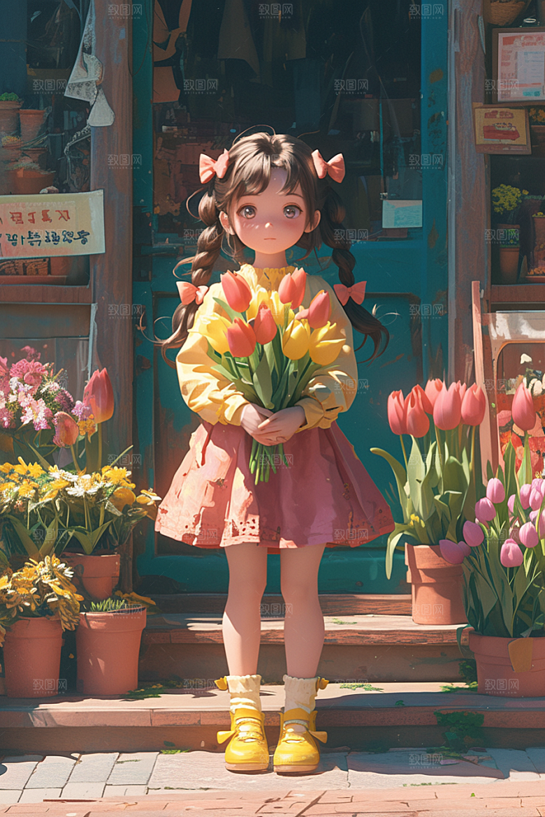 手捧鲜花的少女模型烂漫素材