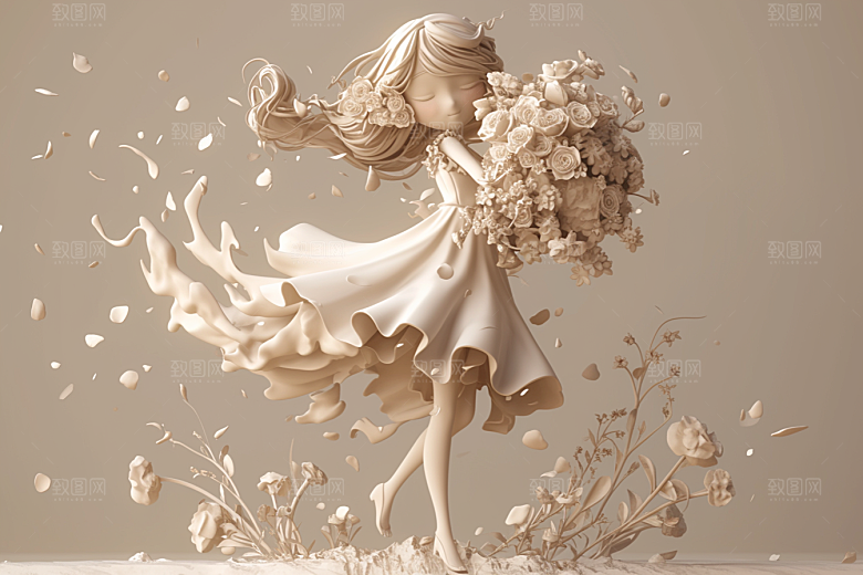 手捧鲜花的少女春天自然素材