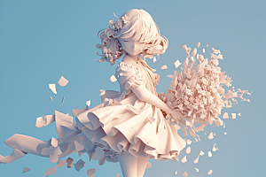 手捧鲜花的少女唯美3D素材