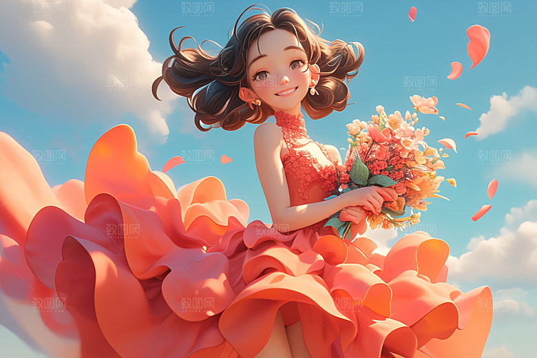 手捧鲜花的少女青春唯美素材