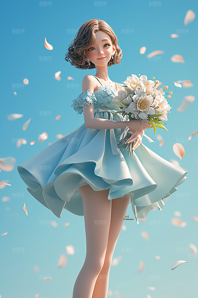 手捧鲜花的少女肖像烂漫素材