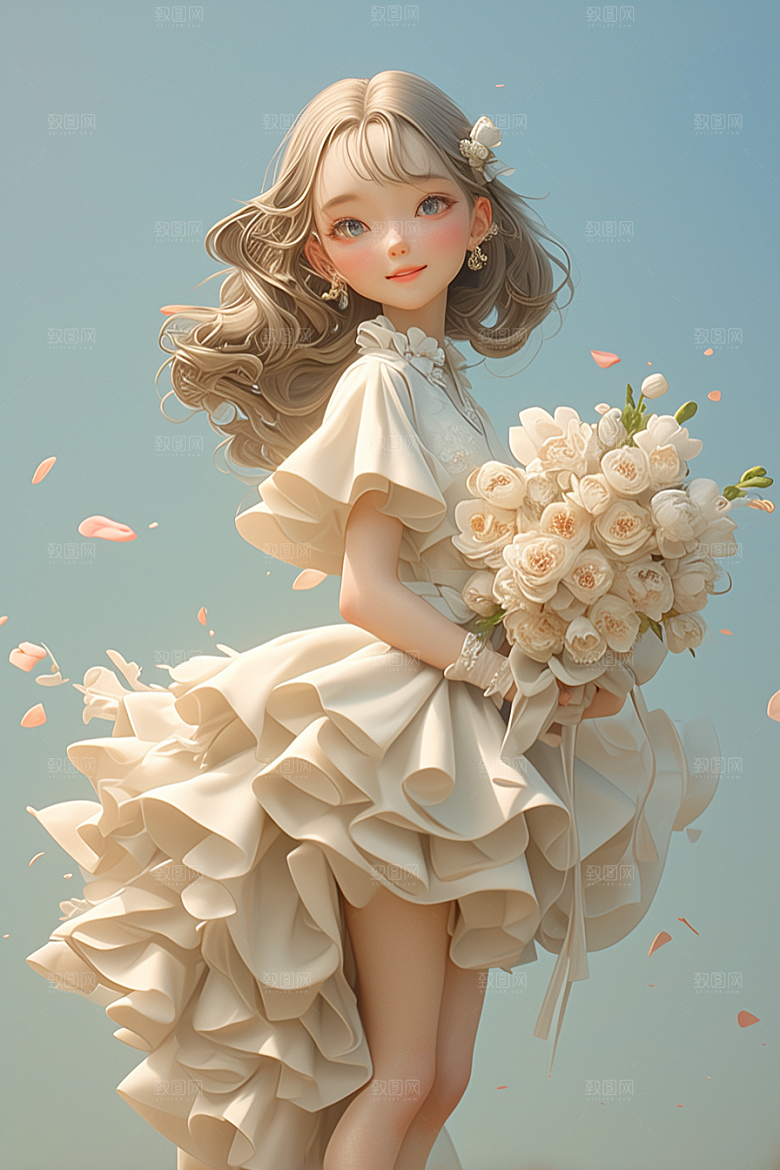 手捧鲜花的少女烂漫自然素材