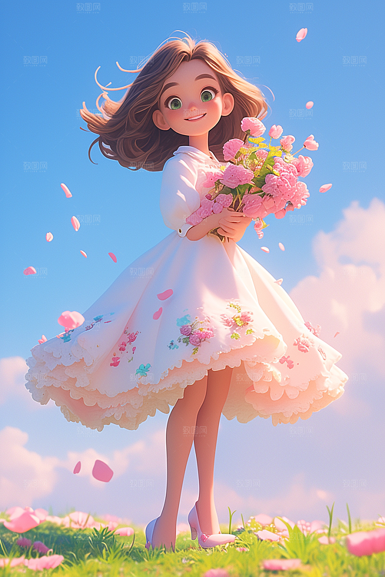 手捧鲜花的少女人物梦幻素材