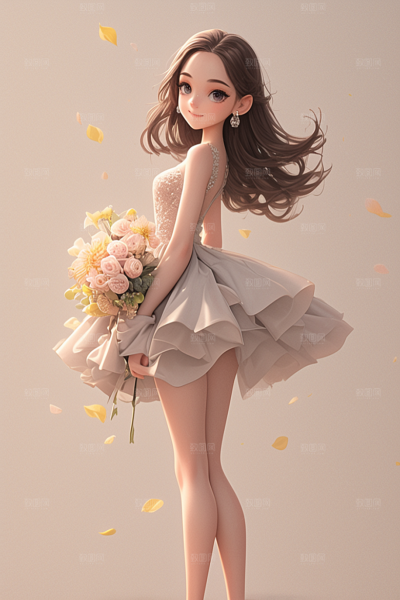 手捧鲜花的少女人物唯美素材