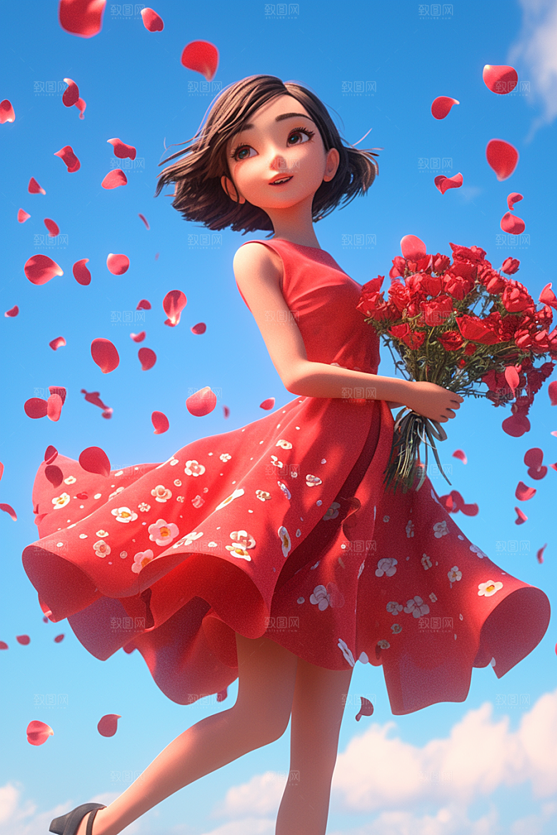 手捧鲜花的少女人物肖像素材