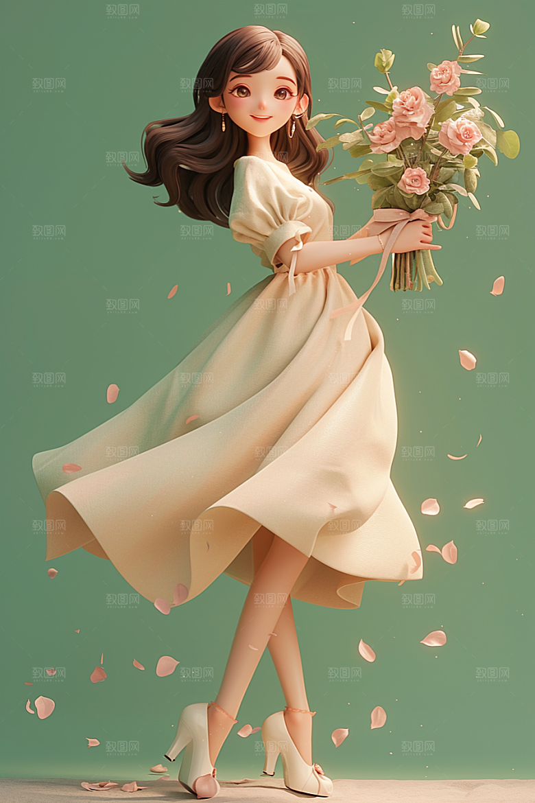 手捧鲜花的少女春天自然素材