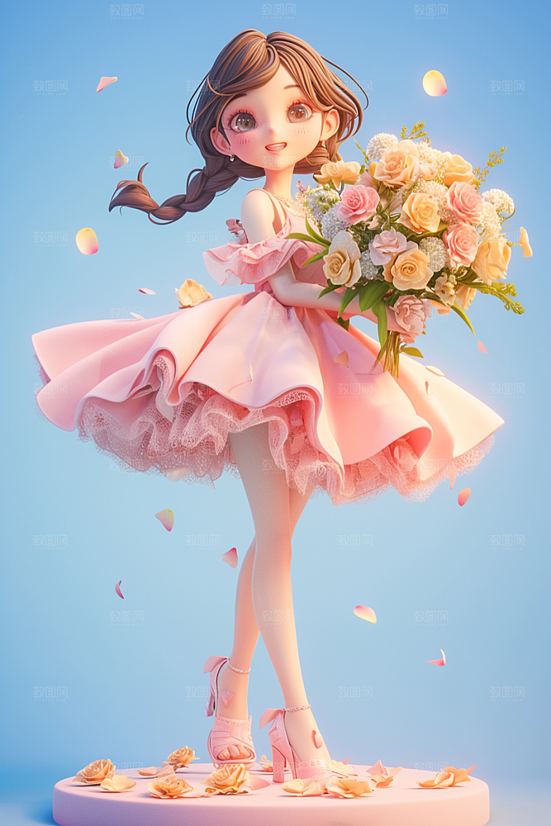 手捧鲜花的少女花朵模型素材