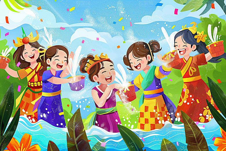 泼水节祝福戏耍插画