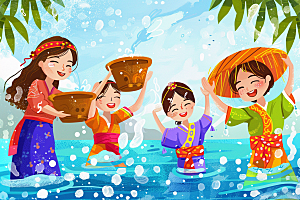 泼水节泰国高清插画