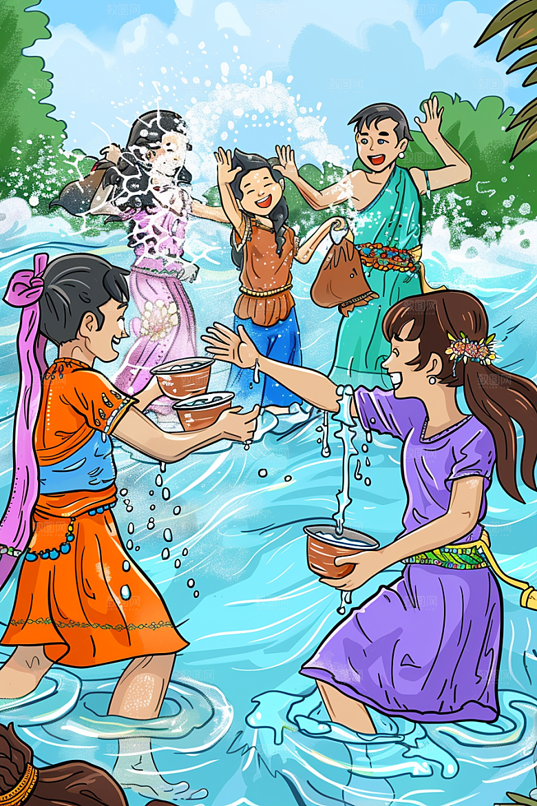 泼水节祝福节庆插画