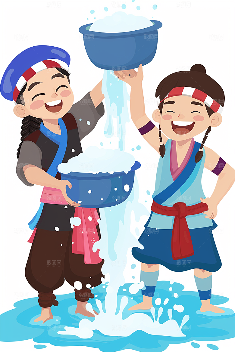 泼水节少数民族玩耍插画