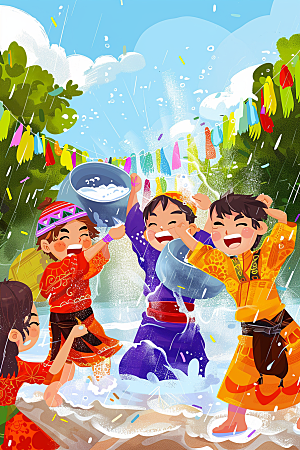 泼水节泰国傣族插画