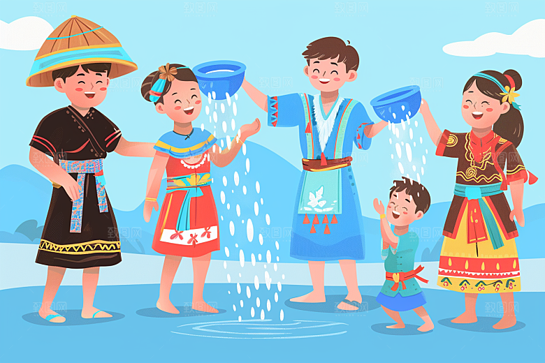 泼水节傣族欢乐插画