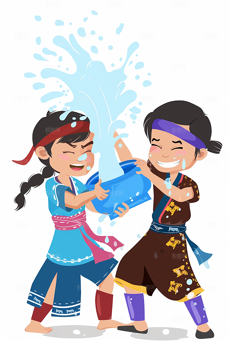 泼水节洒水少数民族插画
