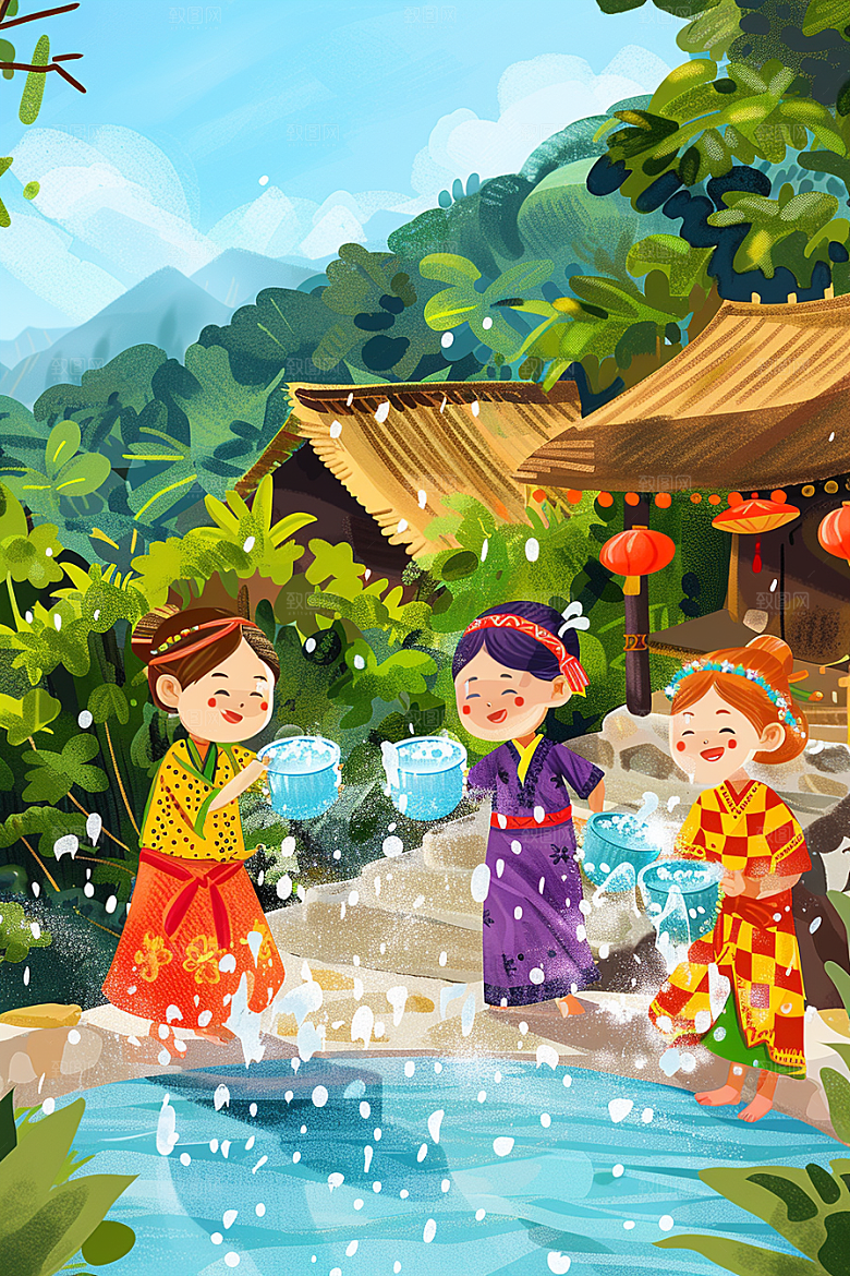 泼水节玩耍高清插画