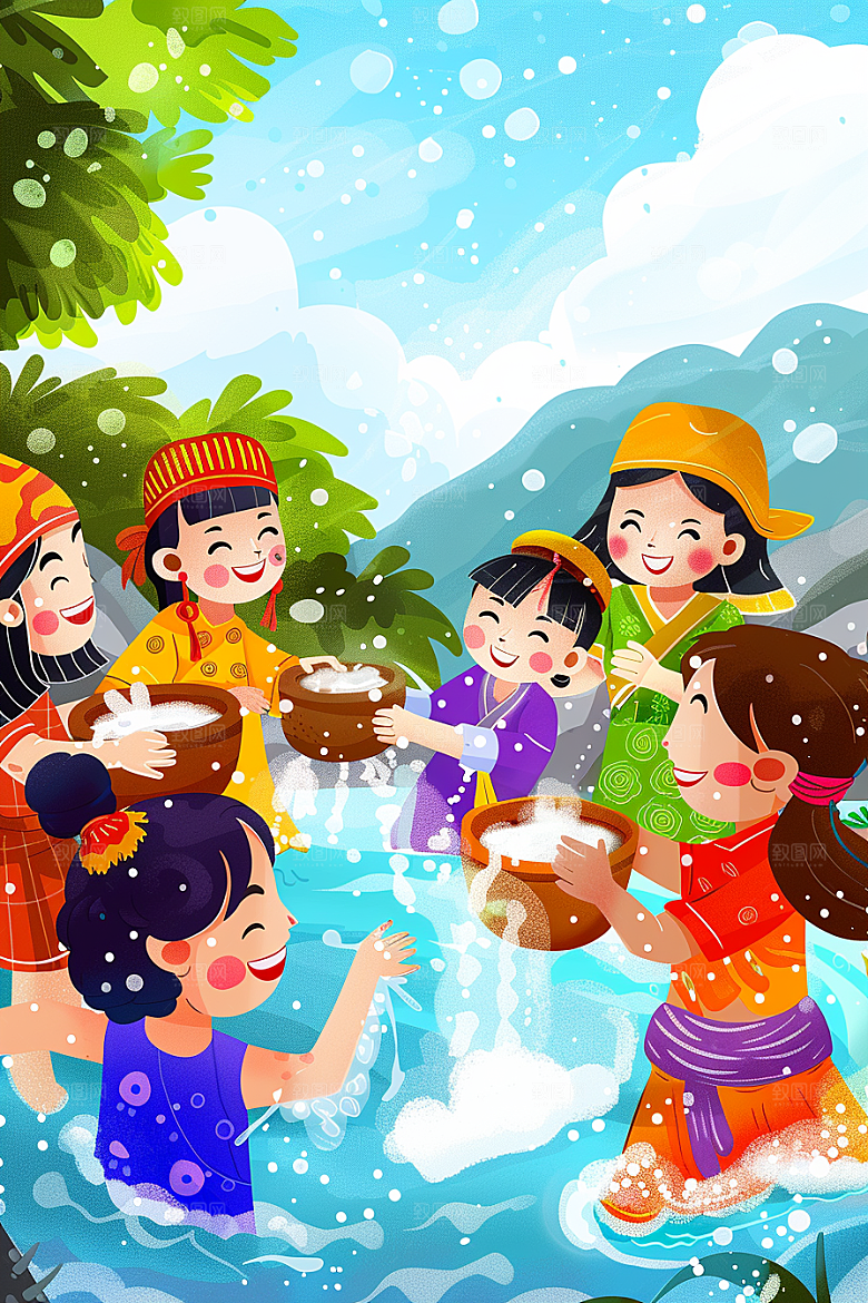 泼水节祝福洒水插画