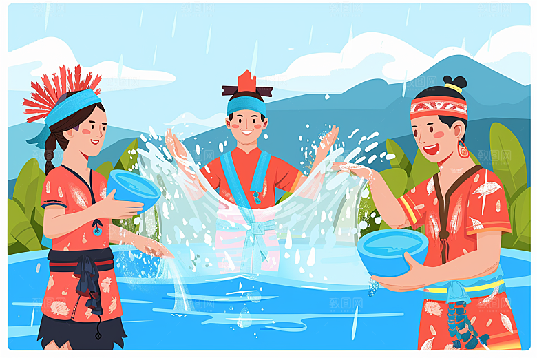 泼水节欢乐祝福插画