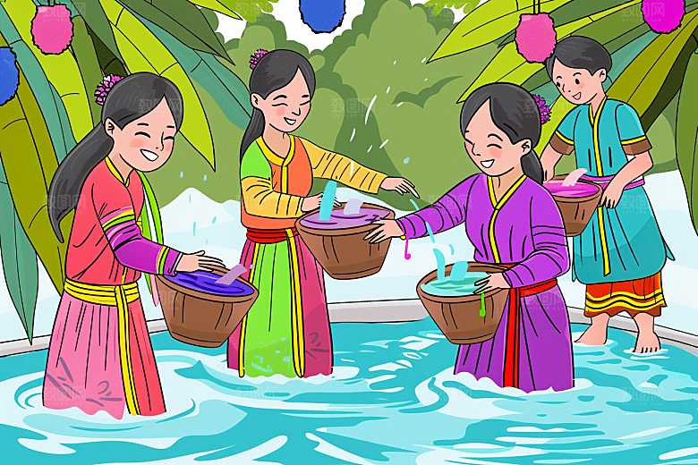 泼水节戏耍节庆插画