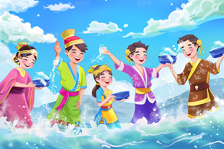 泼水节节庆少数民族插画