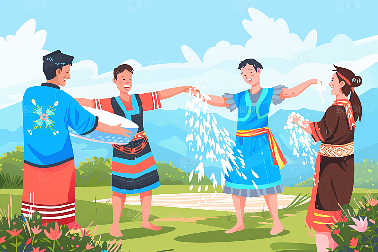 泼水节戏耍泰国插画