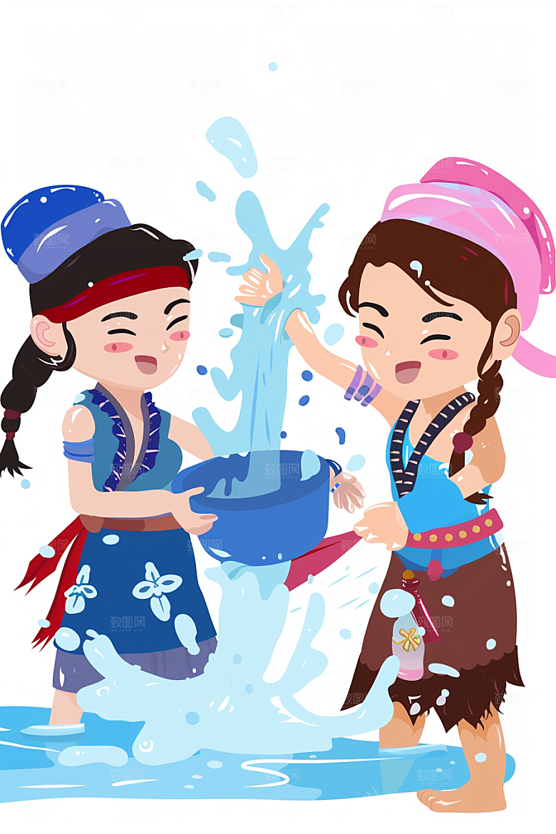 泼水节欢乐平面插画