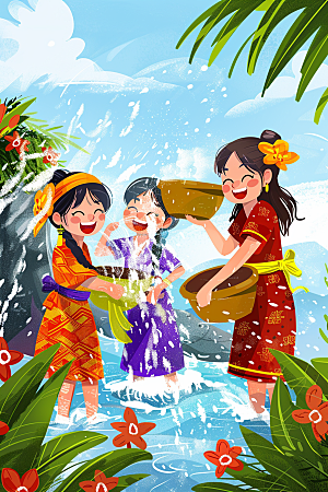 泼水节泰国傣族插画