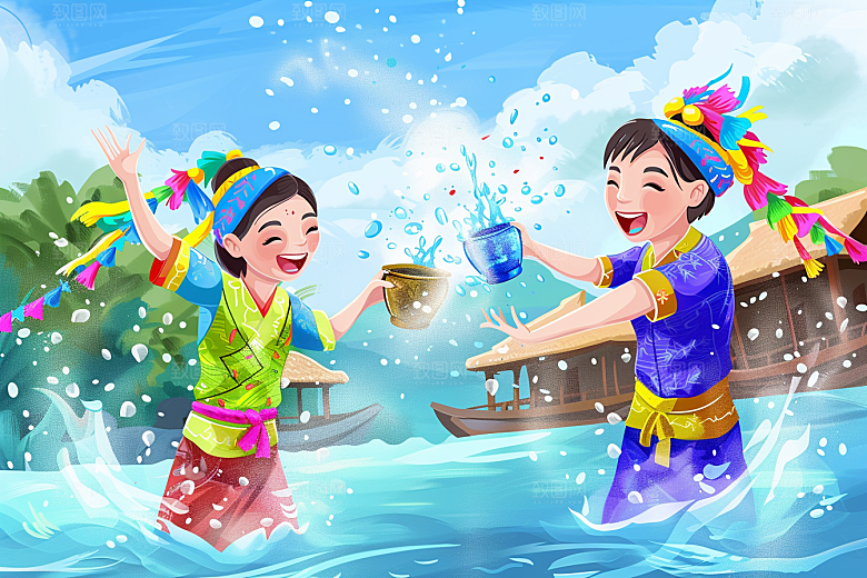 泼水节高清平面插画