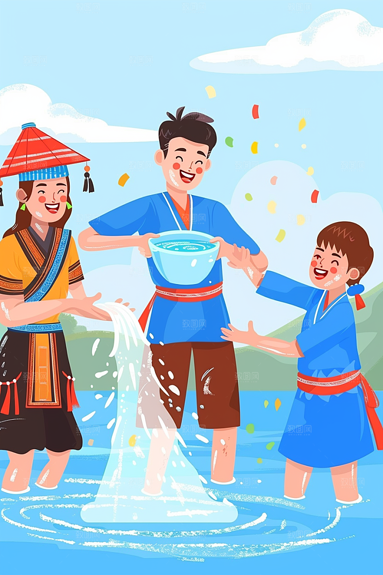 泼水节少数民族戏耍插画