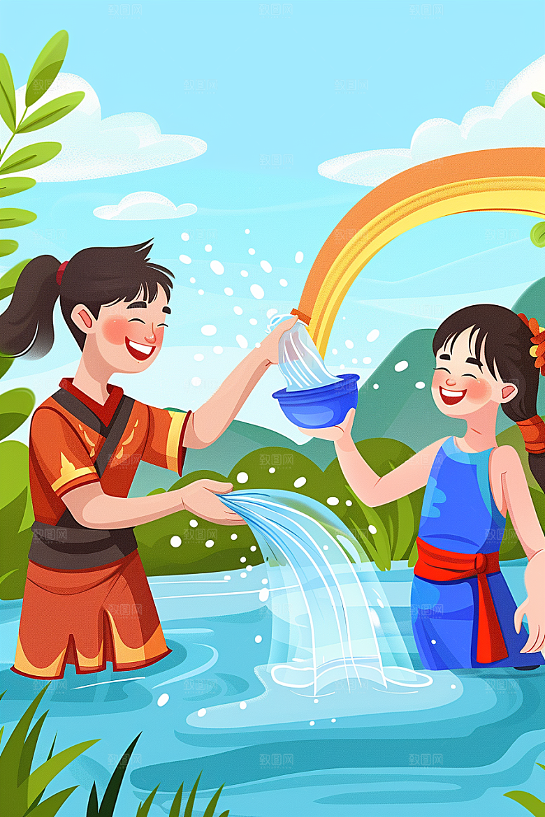 泼水节祝福少数民族插画