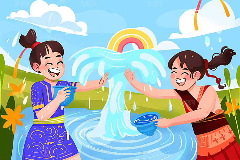泼水节洒水平面插画