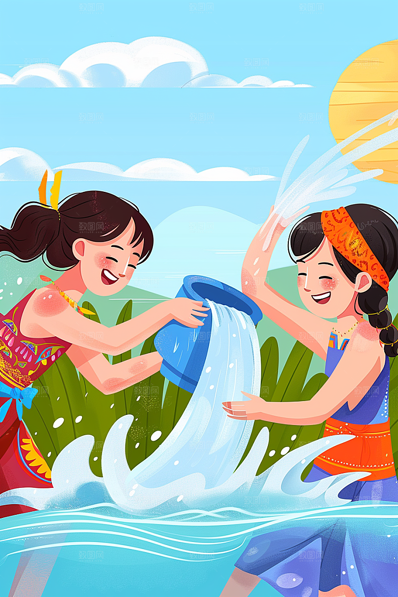 泼水节欢乐洒水插画