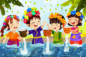 泼水节泰国平面插画